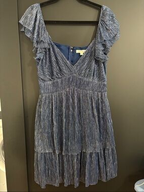 Francesca's Collections Blue Metallic Tiered V-Neck Ruffle Mini Dress